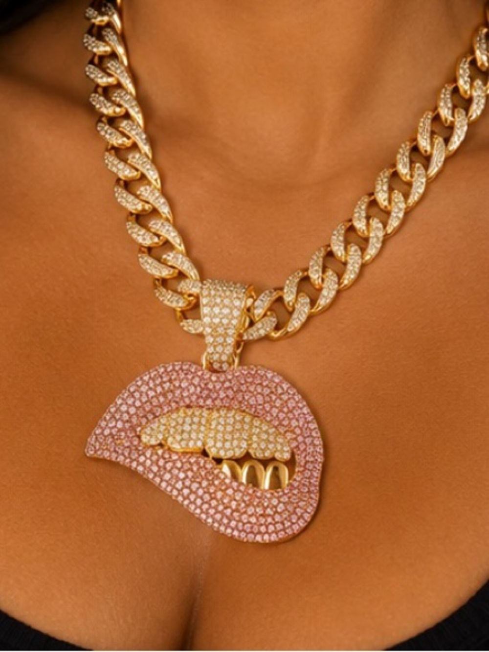 Gold Chain Necklace with Pink Pave Lip Pendant